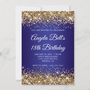 Gold Glitter Deep Blue Ombre 18th Birthday Invitation