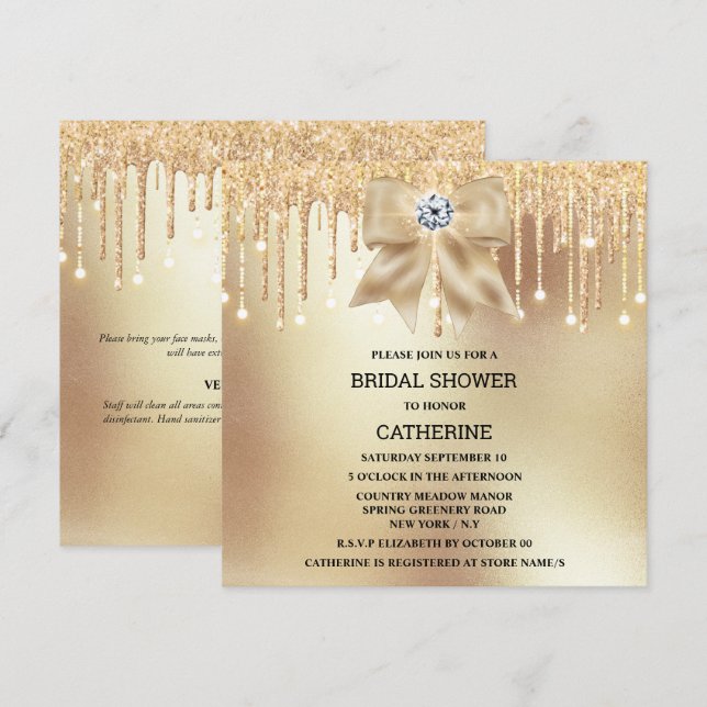 Gold glitter diamond bow shimmer string lights invitation (Front/Back)
