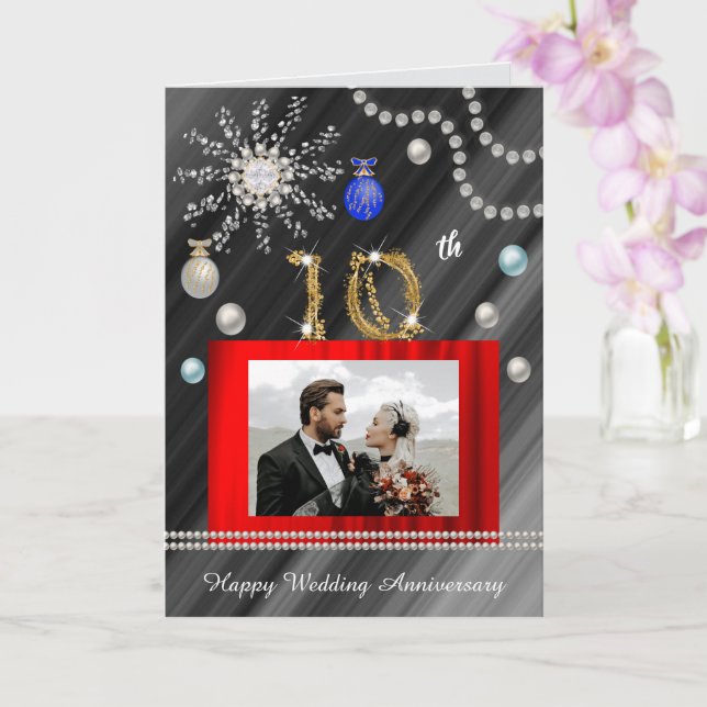 Gold Glitter Diamond Gem 10th Wedding Anniversary Card (Orchid)