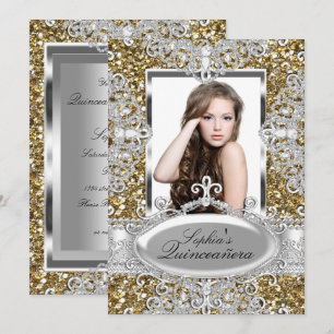 Gold Glitter Diamond Glamour Quinceanera Invite
