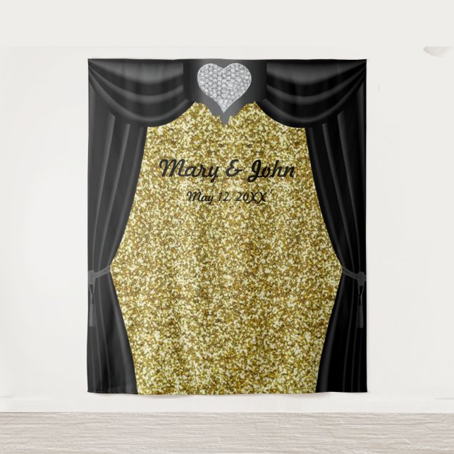 Gold Glitter Diamond Heart Black Curtain Backdrop Tapestry (Front)