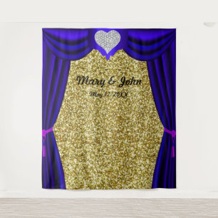 Gold Glitter Diamond Heart Blue Curtain Backdrop Tapestry