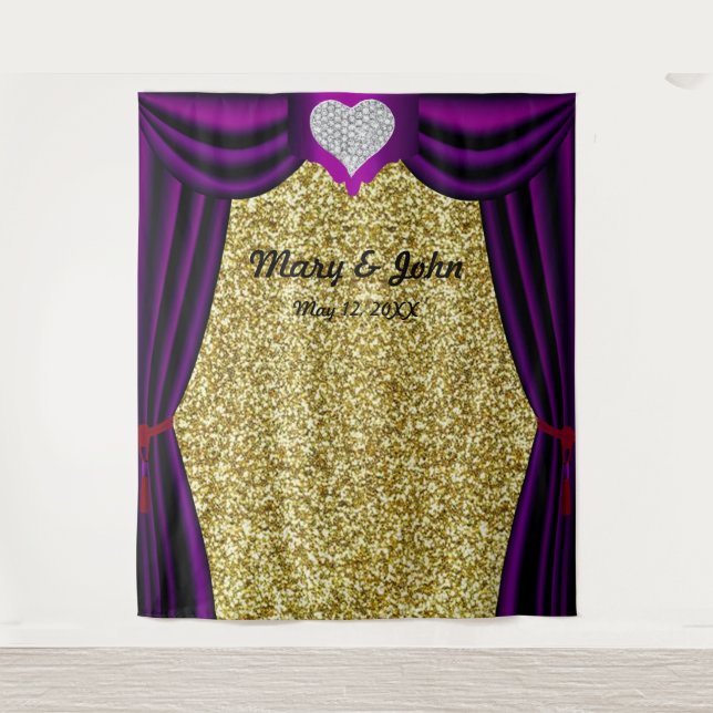 Gold Glitter Diamond Heart Purple Curtain Backdrop Tapestry (Front)