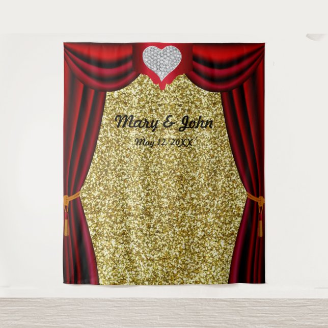 Gold Glitter Diamond Heart Red Curtain Backdrop Tapestry (Front)