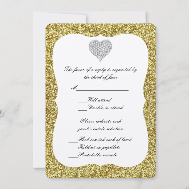 Gold Glitter Diamond Heart Response Card (Front)