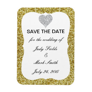 Gold Glitter Diamond Heart Save The Date Magnet