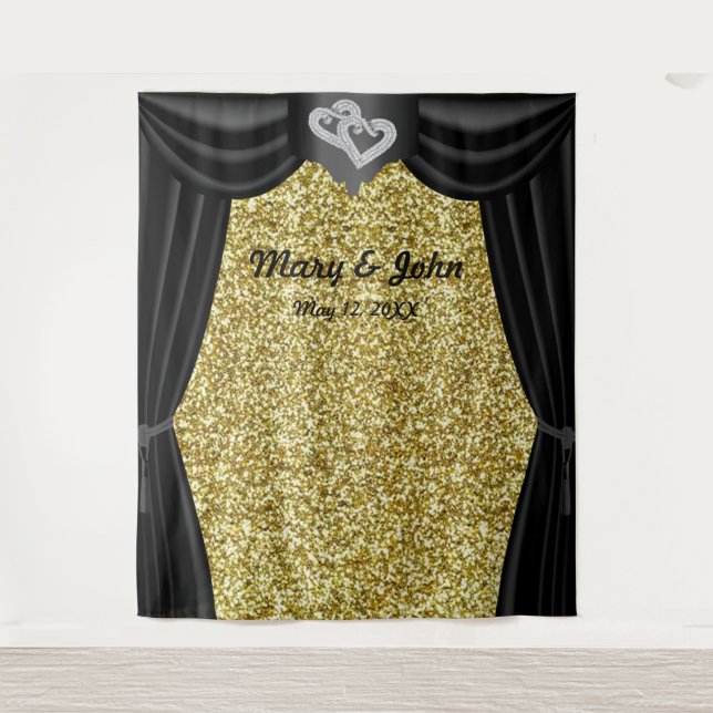 Gold Glitter Diamond Hearts Black Curtain Backdrop Tapestry (Front)