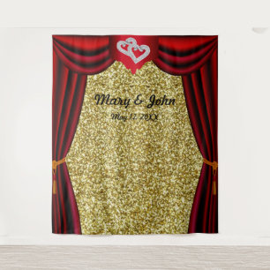 Gold Glitter Diamond Hearts Red Curtain Backdrop Tapestry