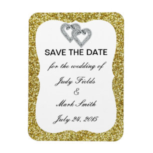 Gold Glitter Diamond Hearts Save The Date Magnet
