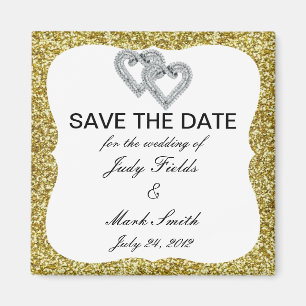 Gold Glitter Diamond Hearts Save The Date Magnet