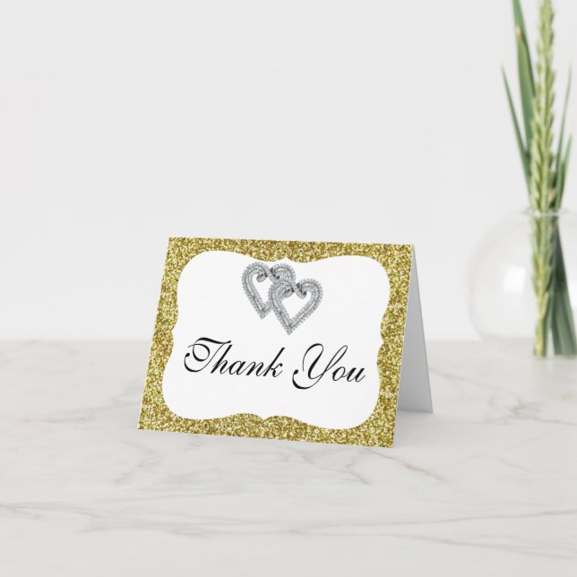 Gold Glitter Diamond Hearts Thank You Card (Front)
