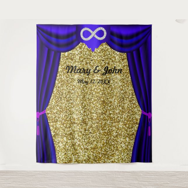 Gold Glitter Diamond Infinity Blue Curtain Tapestry (Front)