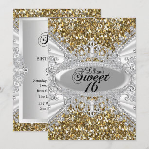 Gold Glitter Diamond Tiara Sweet 16 Invite