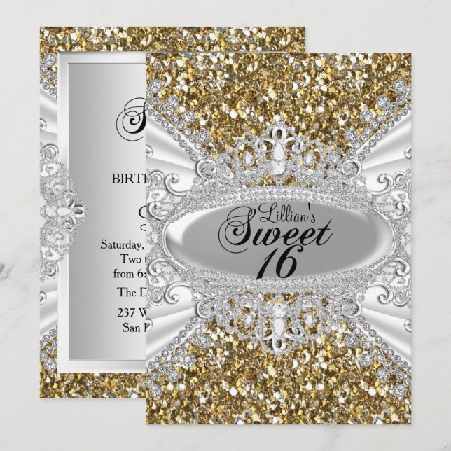 Gold Glitter Diamond Tiara Sweet 16 Invite (Front/Back)