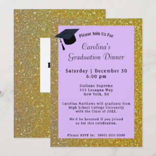 Gold Glitter Dinner Purple Graduation Invitation