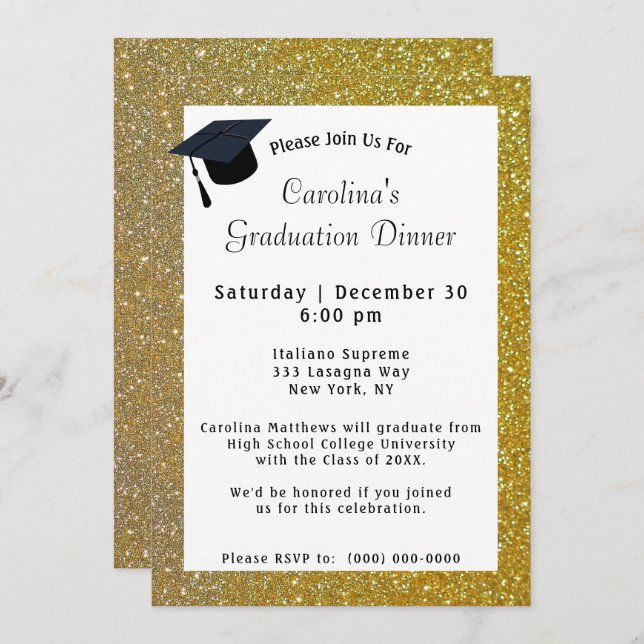 Gold Glitter Dinner White Graduation Invitation (Front/Back)