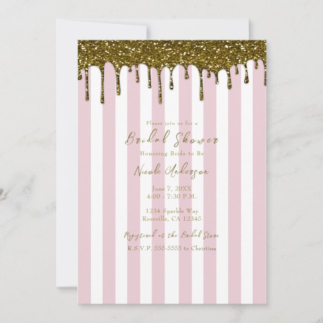 Gold Glitter Dip Pink Candy Stripes Bridal Shower Invitation (Front)