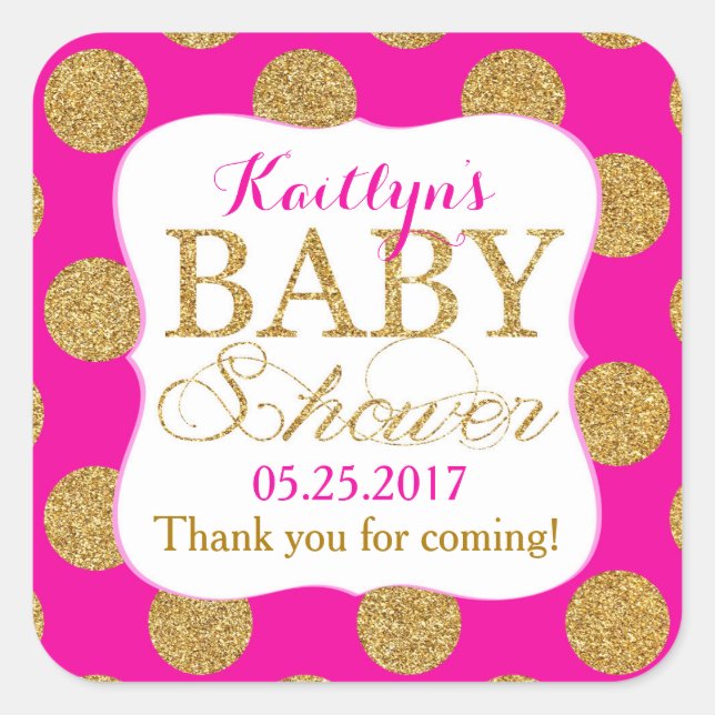 Gold Glitter Dots Hot Pink Baby Shower Label (Front)