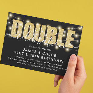 Gold Glitter 'DOUBLE' Celebration Birthday Party Invitation