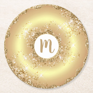 Gold glitter doughnut monogram script bold luxury round paper coaster