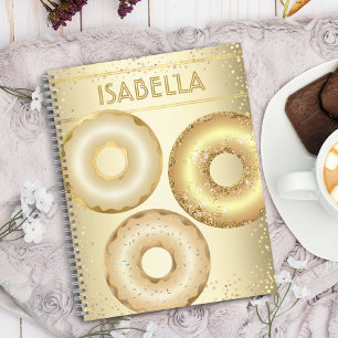 Gold glitter doughnuts modern glam girly name notebook