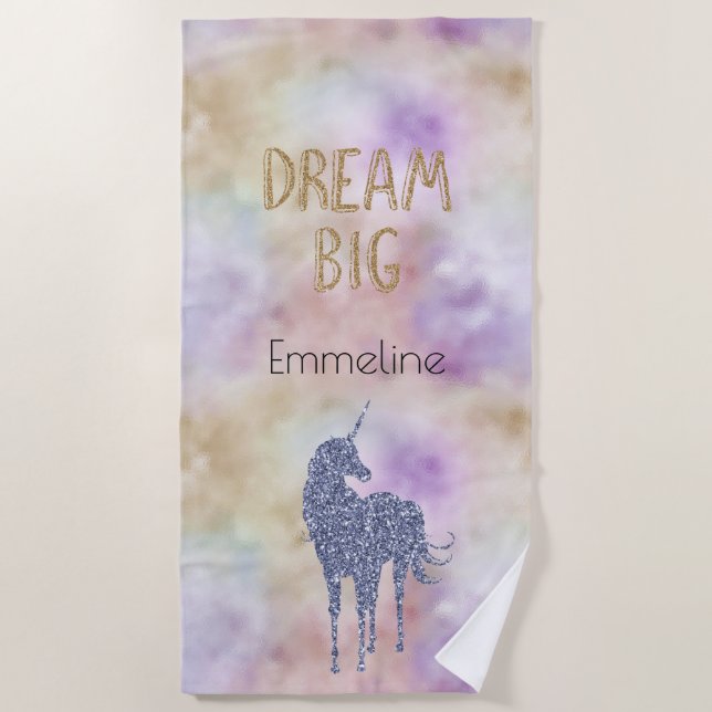 Gold Glitter Dream Big Unicorn Personalized Name   Beach Towel (Front)