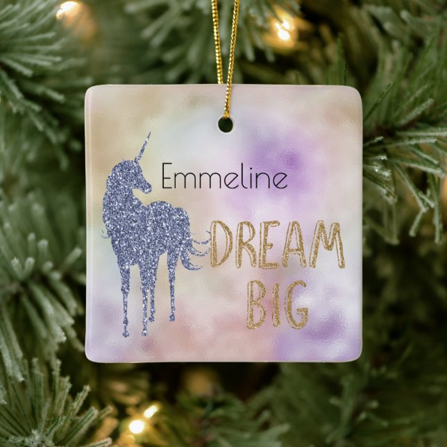 Gold Glitter Dream Big Unicorn Personalized Name Ceramic Ornament (Tree)