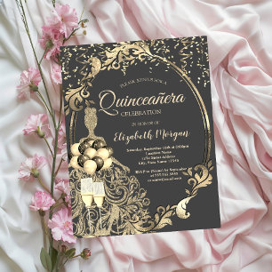 Gold Glitter Dress,Balloons Glitter Quinceanera Invitation