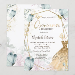 Gold Glitter Dress Blue Butterflies Gold Frame Invitation