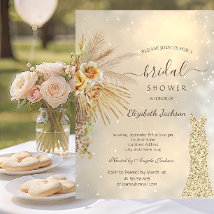 Gold Glitter Dress Boho Flowers Bridal Shower Invitation