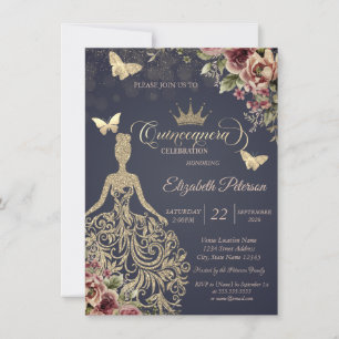 Gold Glitter Dress,Butterfly Floral Confetti  Invitation