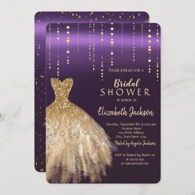 Gold Glitter Dress,Confetti Violet Bridal Shower Invitation (Front/Back)