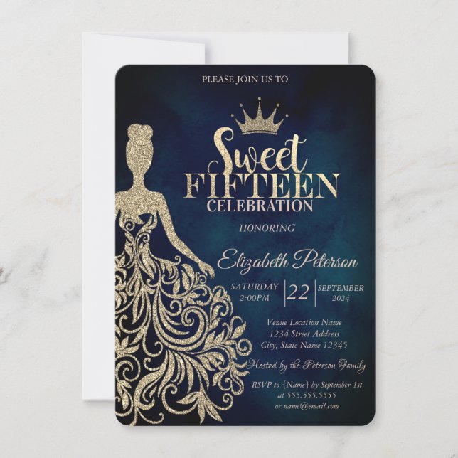 Gold Glitter Dress,Diamonds Navy Blue Sweet 15 Invitation (Front)