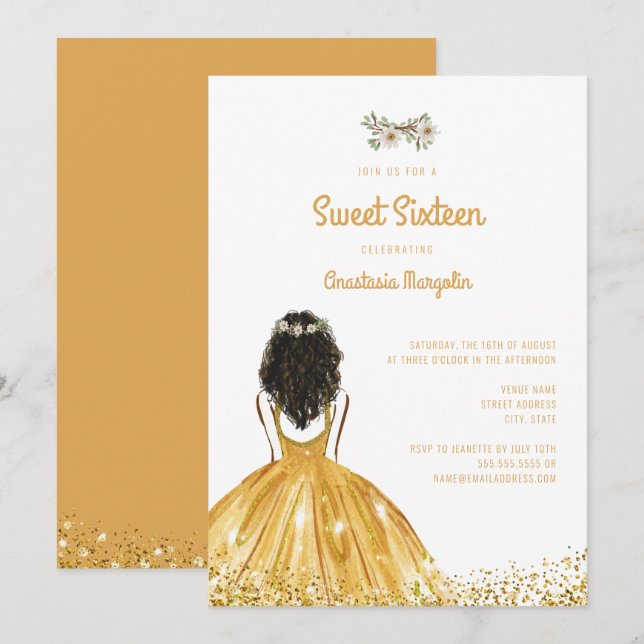 Gold Glitter Dress Floral Sweet 16 16th Birthday Invitation (Front/Back)