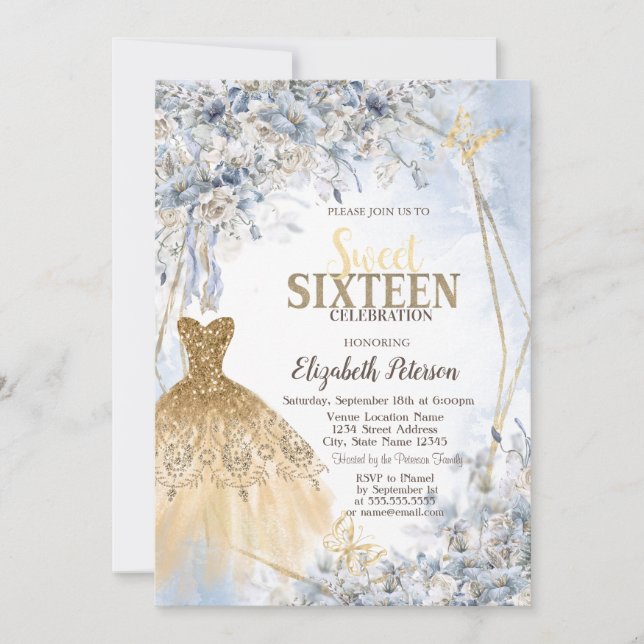 Gold Glitter Dress Flowers Butterfly Sweet 16 Invitation (Front)