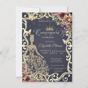Gold Glitter Dress,Frame Butterfly Floral   Invitation