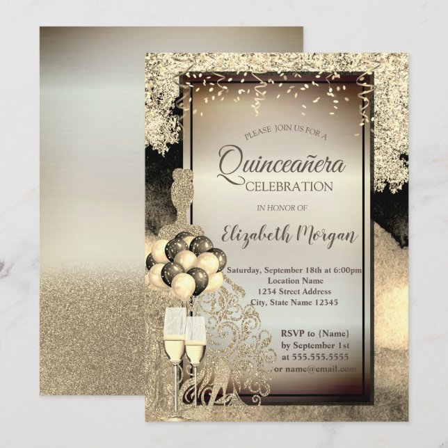 Gold Glitter Dress,Heels,Quinceanera Celebration Invitation (Front/Back)