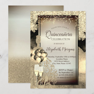 Gold Glitter Dress,Heels,Quinceanera Celebration Invitation