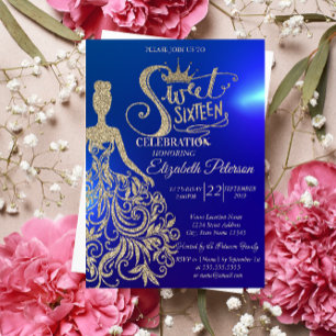 Gold Glitter Dress,Tiara, Diamonds Blue Sweet 16 Invitation