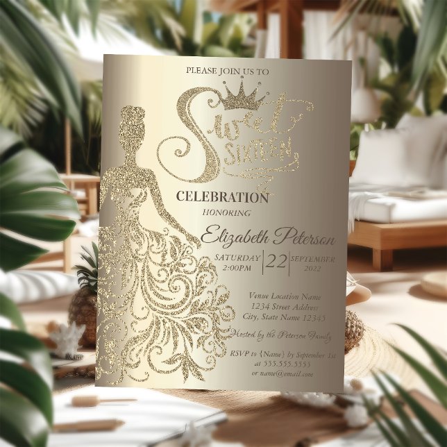 Gold Glitter Dress,Tiara,Diamonds Champagne Invitation (Creator Uploaded)