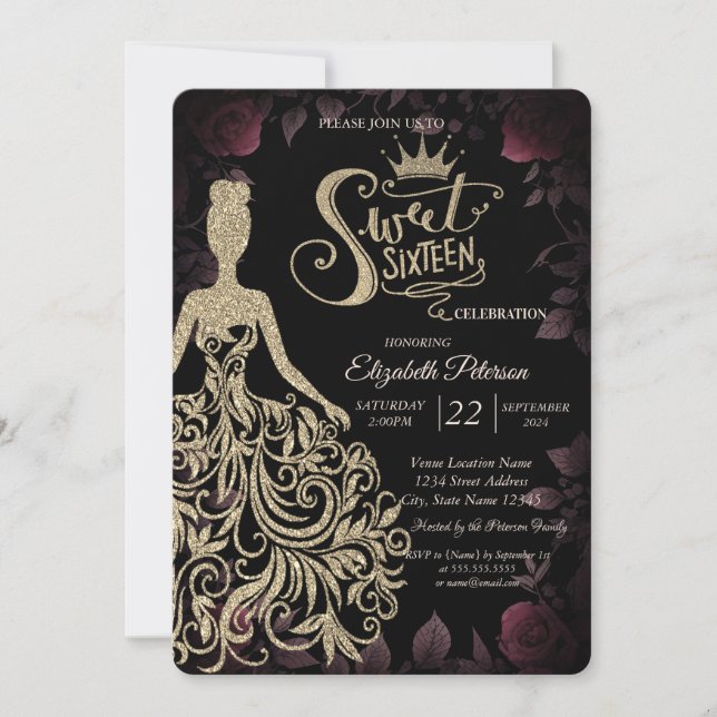 Gold Glitter Dress,Tiara,Diamonds Dark Roses Invitation (Front)