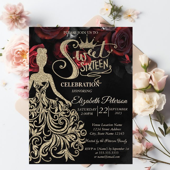Gold Glitter Dress,Tiara,Red Roses Gothic Invitation (Creator Uploaded)