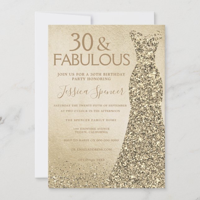 Gold Glitter Dress Womans 30th Birthday Party Invitation (Front)
