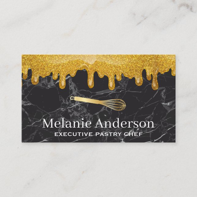 Gold Glitter Drip | Black Marble | Whisk Business Card (Front)