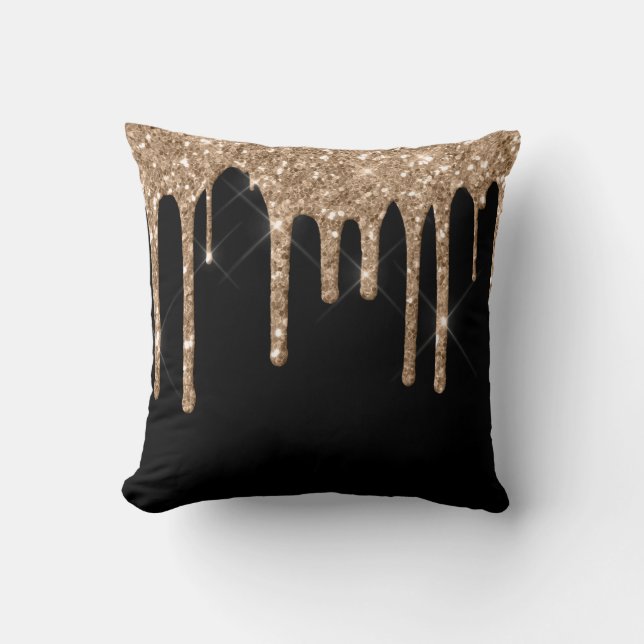 *~* Gold Glitter Drip Drips Black  Throw Pillow (Front)