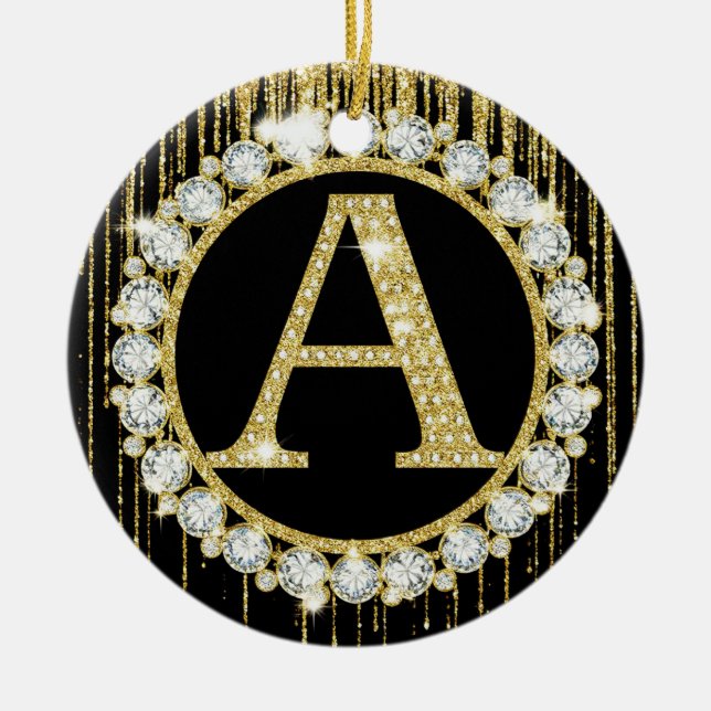 Gold Glitter Drip Monogram A Personal Initial Ceramic Ornament (Front)