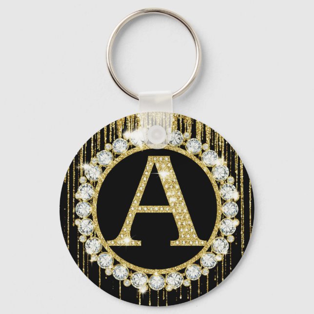 Gold Glitter Drip Monogram A Personal Initial Keychain (Front)