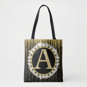 Gold Glitter Drip Monogram A Personal Initial Tote Bag