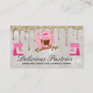 Gold Glitter Drip Pastry Cupcake Business Card