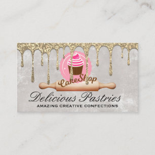 Gold Glitter Drip Pastry Cupcake Rolling Pin Business Card